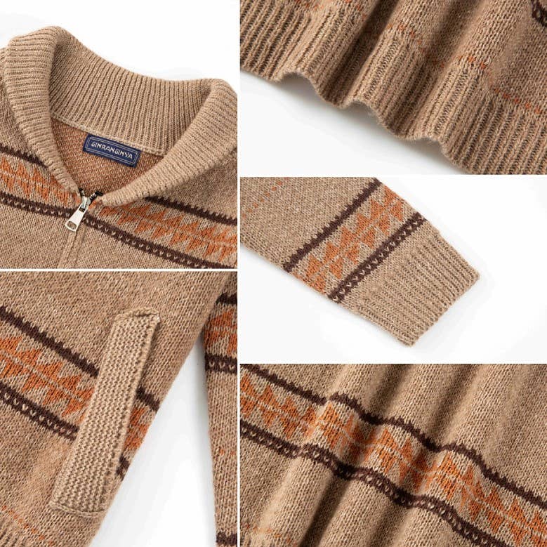 Khaki Southwestern vintage longhorn knit sweater zip-up jacket for wholesale on Faire2