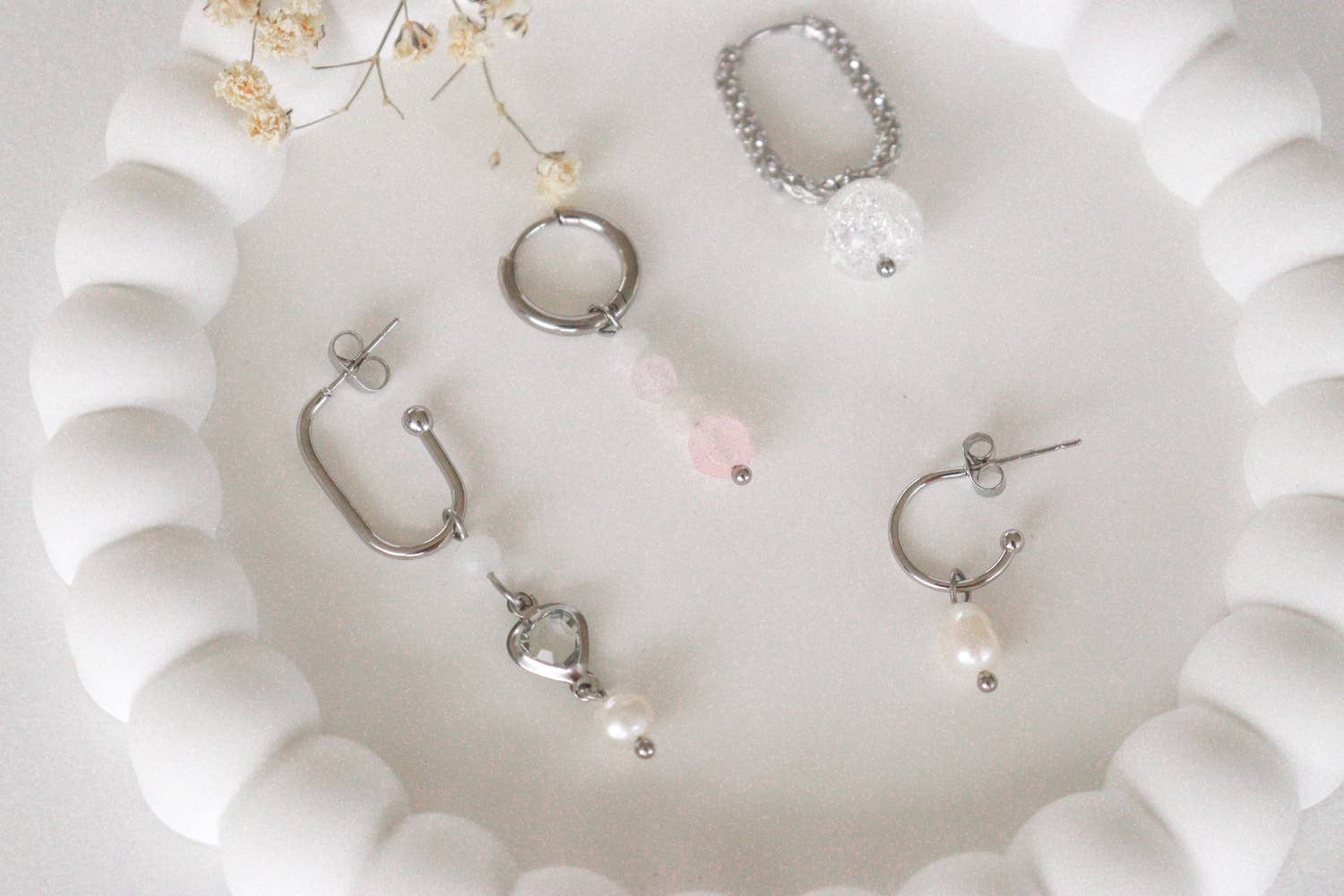 Saint Clairmont - Wholesale Huggie Earrings - Moonstone & Rose Quartz Earrings - Silver3