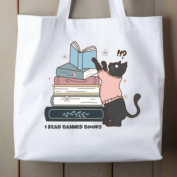 I READ BANNED BOOKS **THICK** 100% cotton book tote for wholesale by Fabled Embers