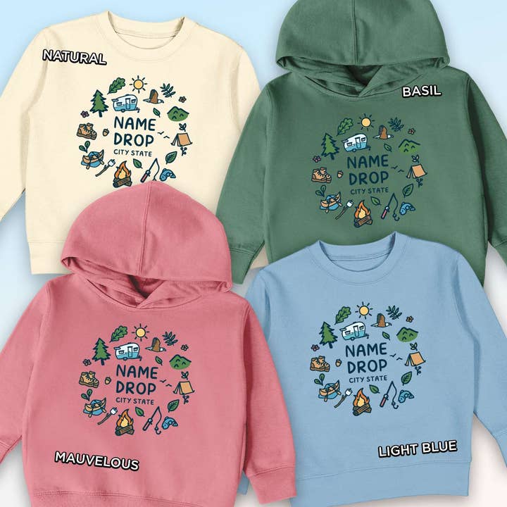 Felpa o felpa con cappuccio per bambini "Camping Doodles Name Drop" per la vendita all'ingrosso da parte di RetroPlanet