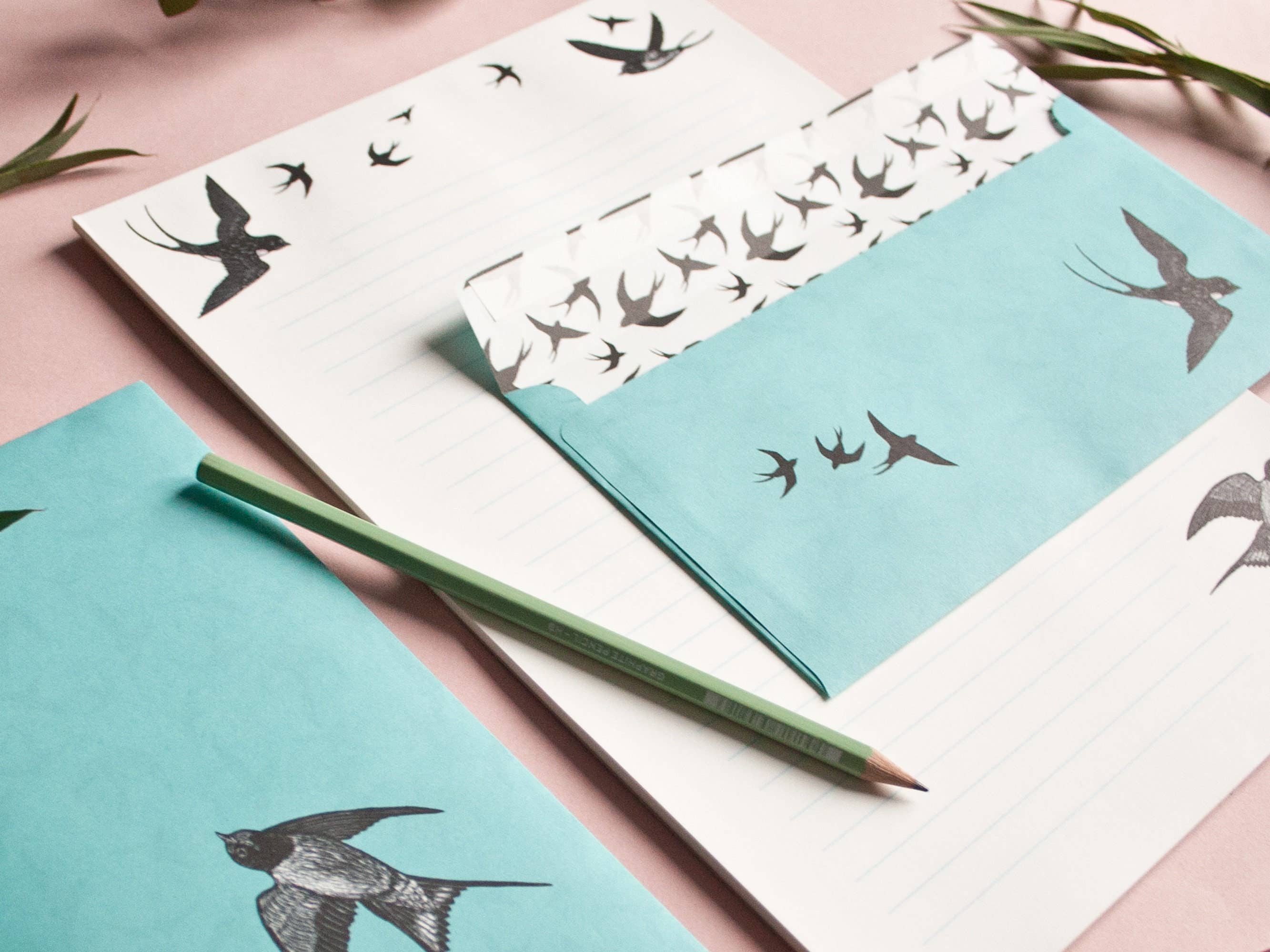 Katja Rub - Wholesale Stationery/Notecard Set - Stationery Set Swallows, A4 Notepad & 10 Envelopes1