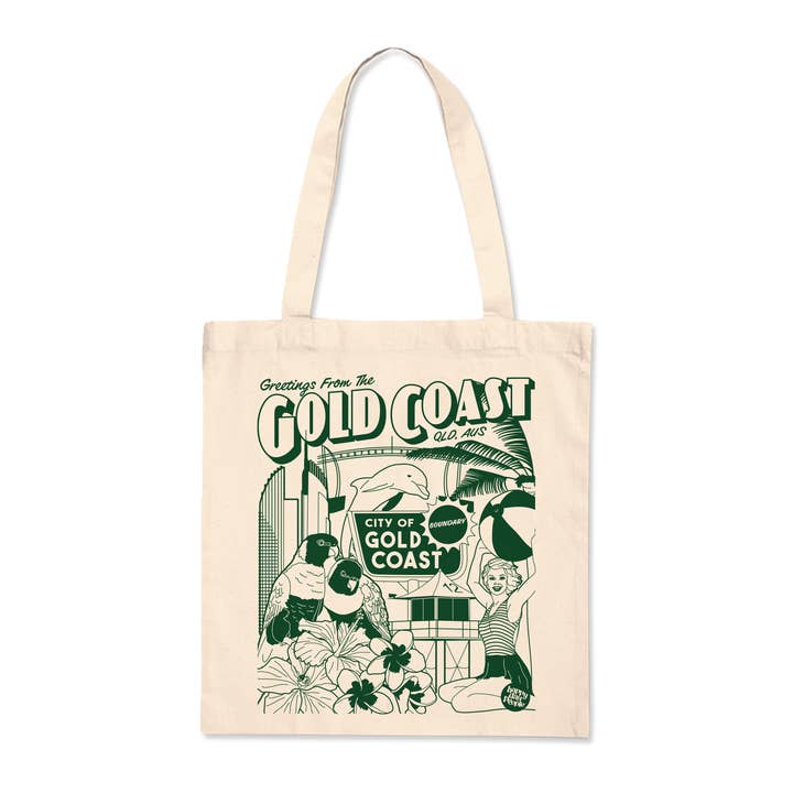 Greetings From the Gold Coast Printed Calico Tote Bag for wholesale by Happy Day People