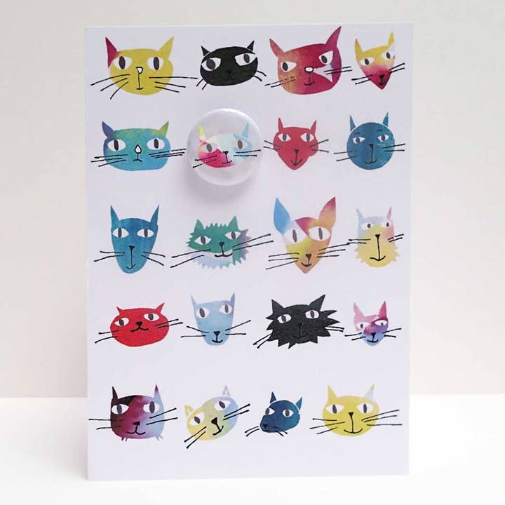 Cats pick n mix Greeting card with badge for wholesale by The Black Rabbit