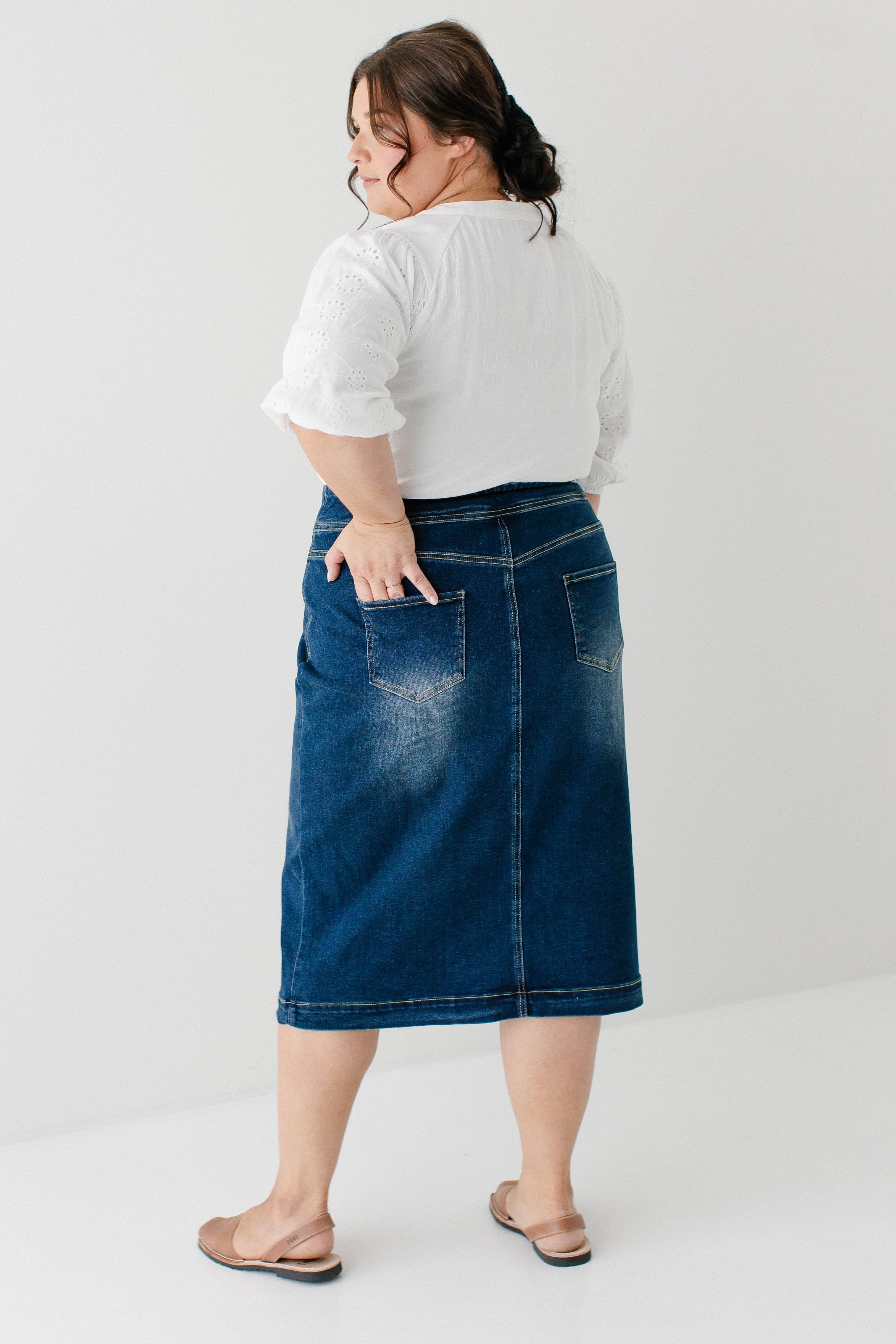 'Sara' Classic Knee Length Dark Denim Skirt for wholesale on Faire7