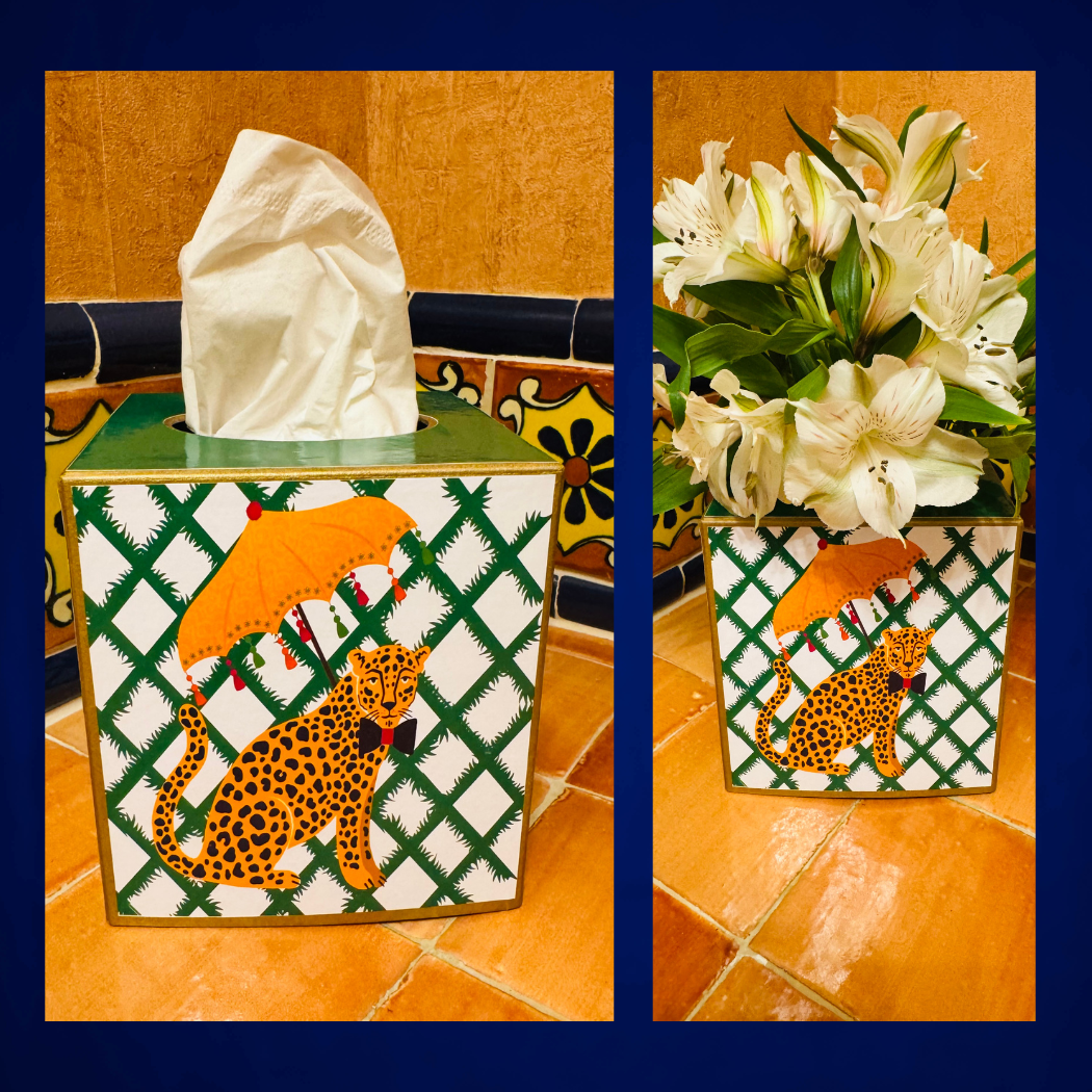 TOPICS IN THE TROPICS – Großhandel Taschentuchbox – Pappmaché-Kleenex-Box Leopard mit Fliege und Regenschirm1