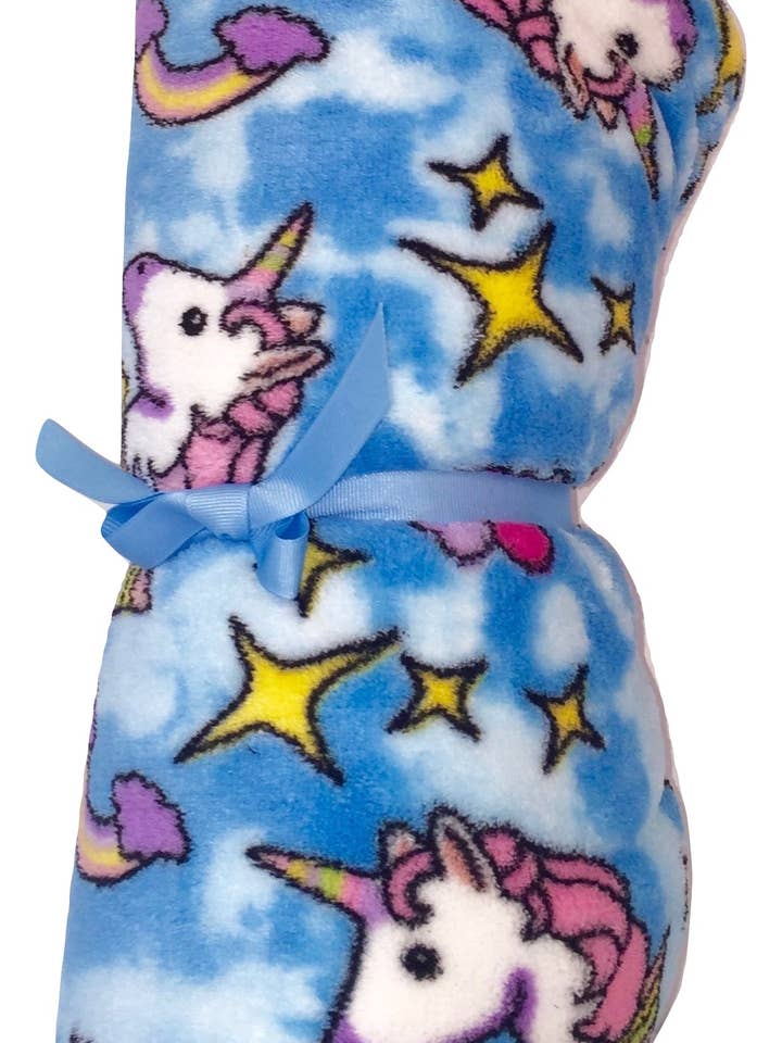 Fuzzy Blue Unicorns Blanket for wholesale by Made With Love & Kisses