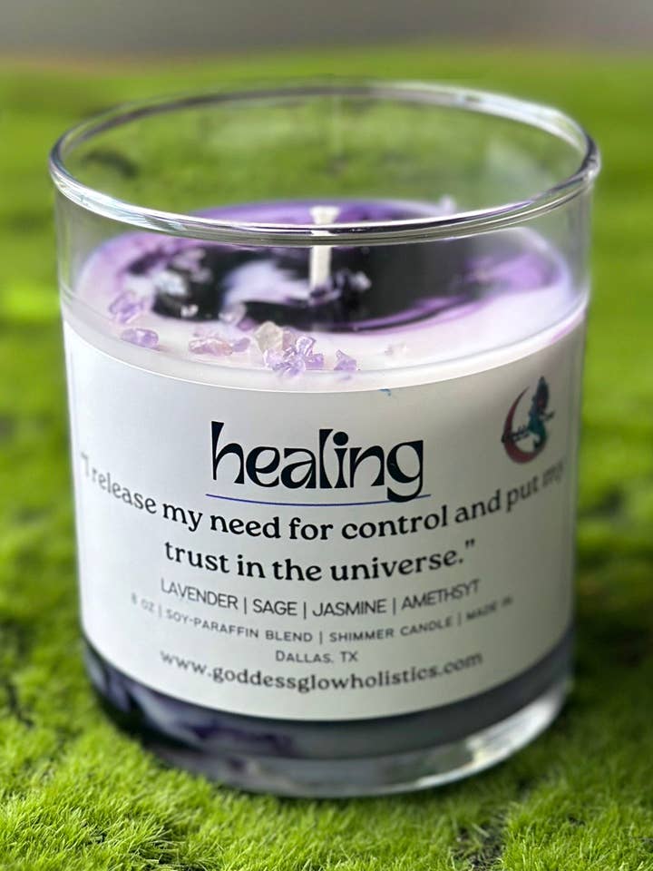 Healing Affirmation Candle - Jasmine, Lavender, White Tea for wholesale by Goddess Glow Holistic Care