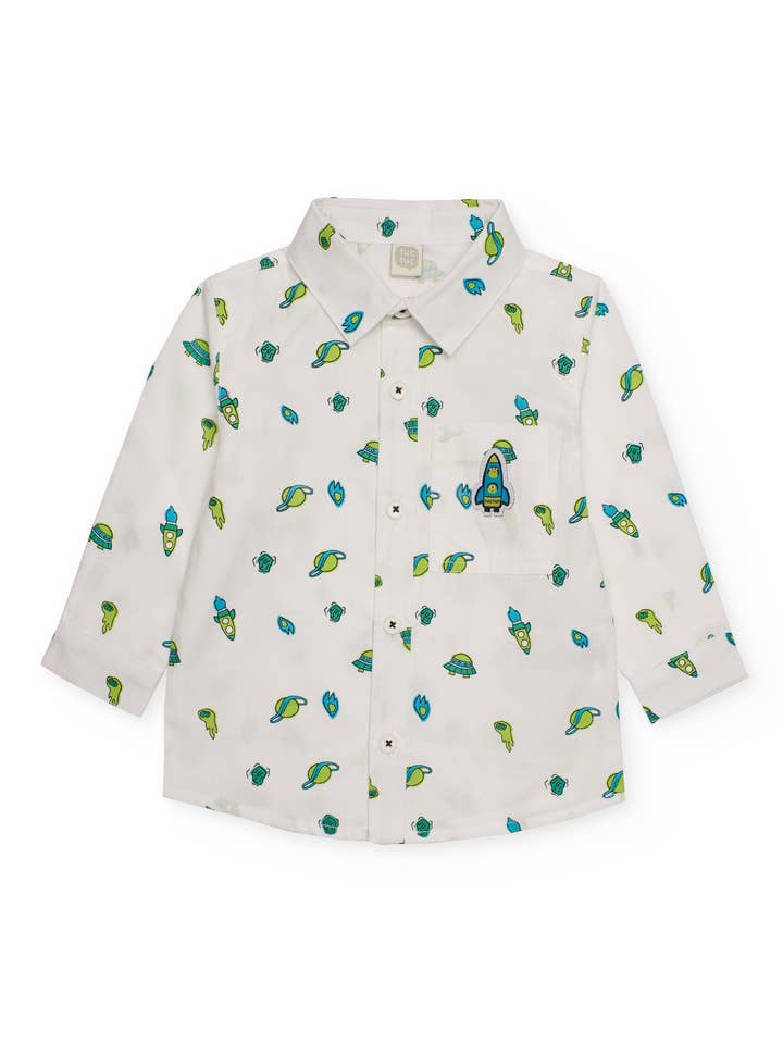 Chemise d'enfant blanche à motif spatial en vert et bleu pour la vente par tuc tuc