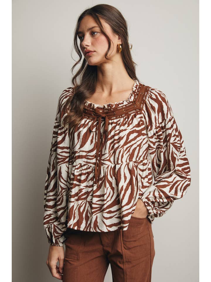 Forte - Wholesale Blouse - Women's - Zebra Jacquard Blouse with Faux Leather Trim FT002321