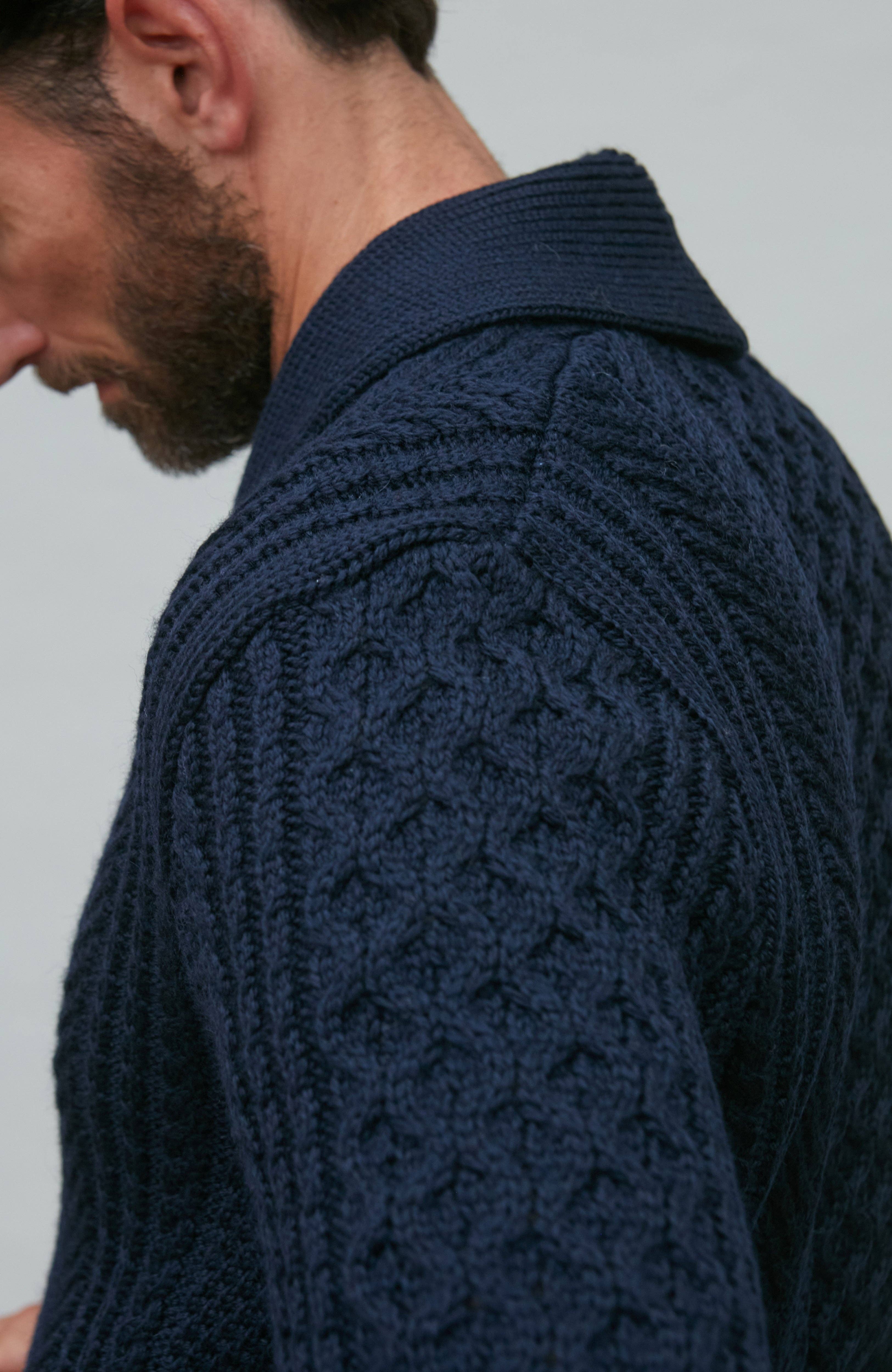 Paul James Knitwear - Wholesale Cardigan - Men's - Mens Chunky Merino Wool Shawl Collar Cable Cardigan10