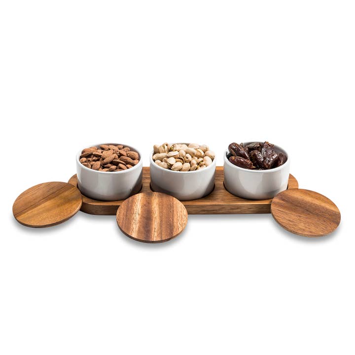 Kalmar Home - Wholesale Condiment/Dip Bowl - Ceramic Condiment Set on Acacia Wood Base1