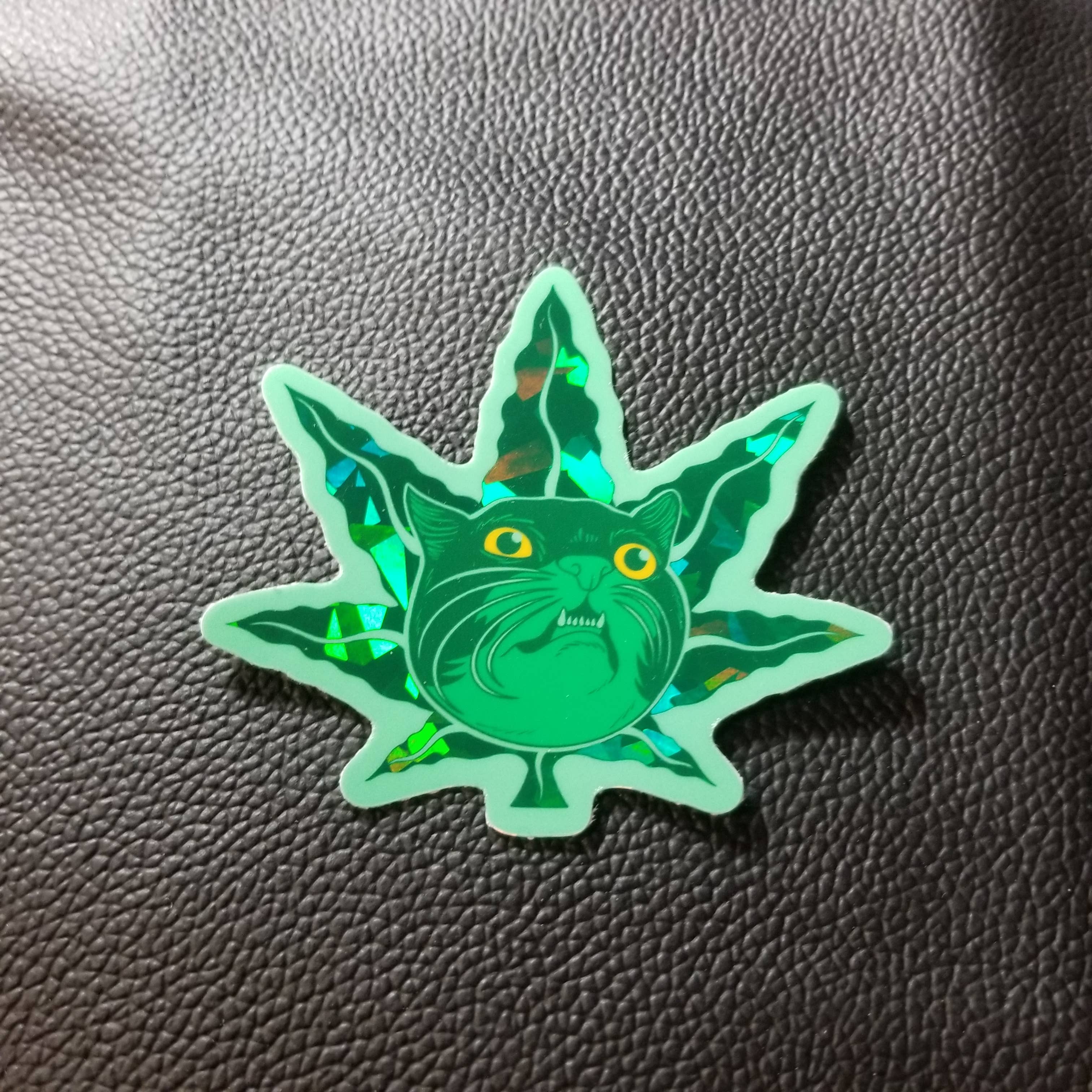 Cat Champion - Wholesale Sticker - *Sticker: Leaf Cat, 3" Prismatic Glitter vinyl