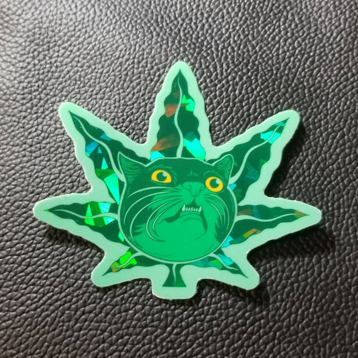 Cat Champion - Wholesale Sticker - *Sticker: Leaf Cat, 3" Prismatic Glitter vinyl0