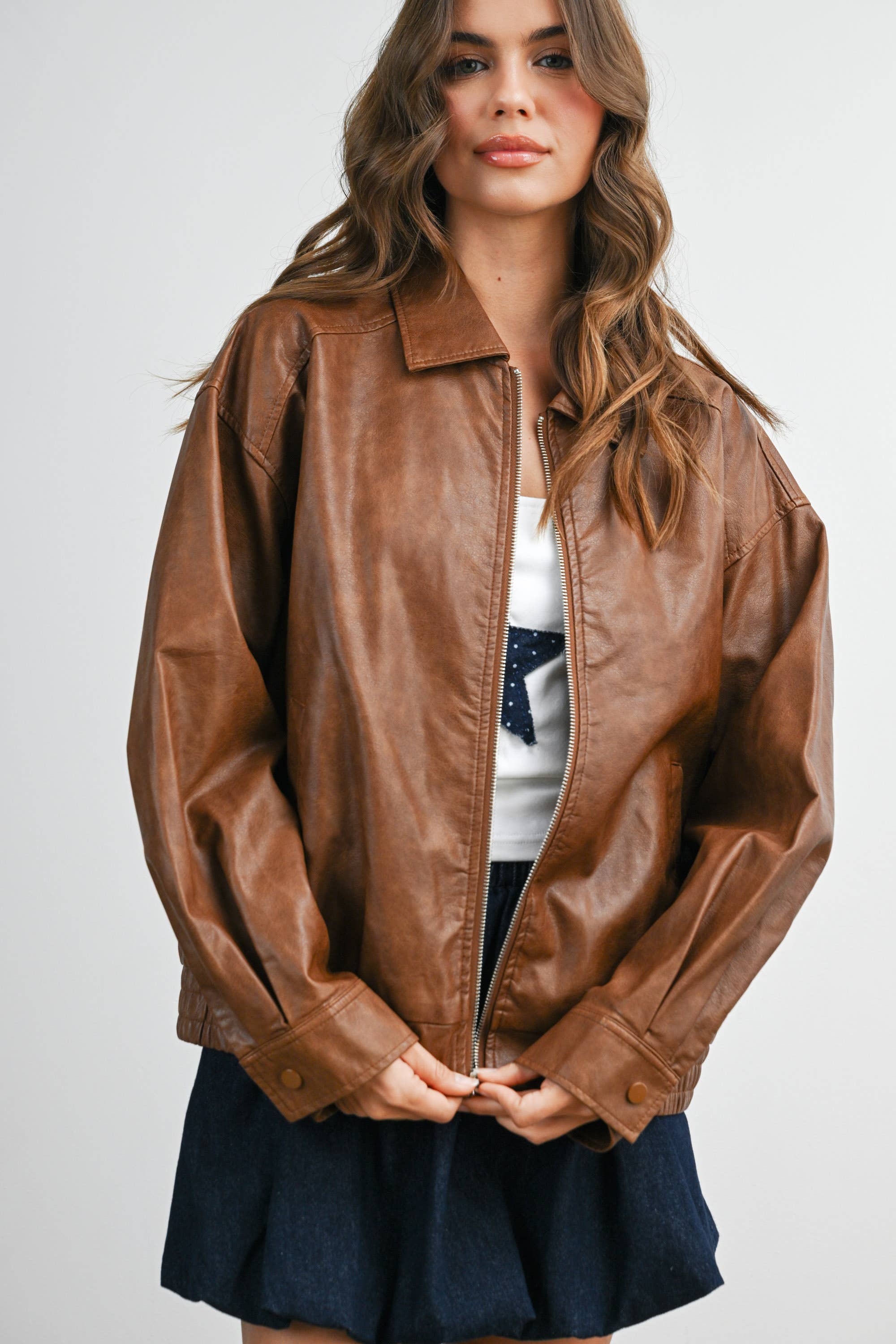 BUTTERMELON - Wholesale Jacket - Women's - Collared Zip-Front Leather Jacket - BMJ796832