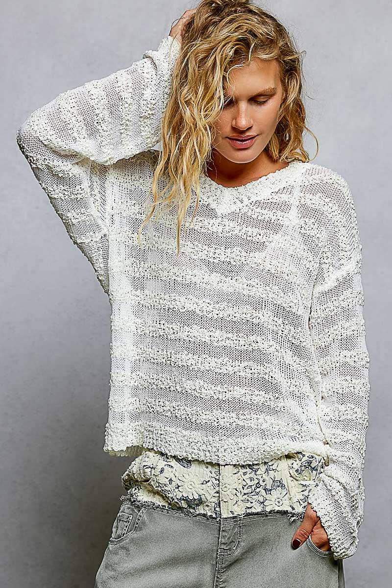 Pol Clothing - Wholesale Knit Sweater - Women's - V Neck Long Sleeve Striped Knit Acrylic Thin Sweater SALE22