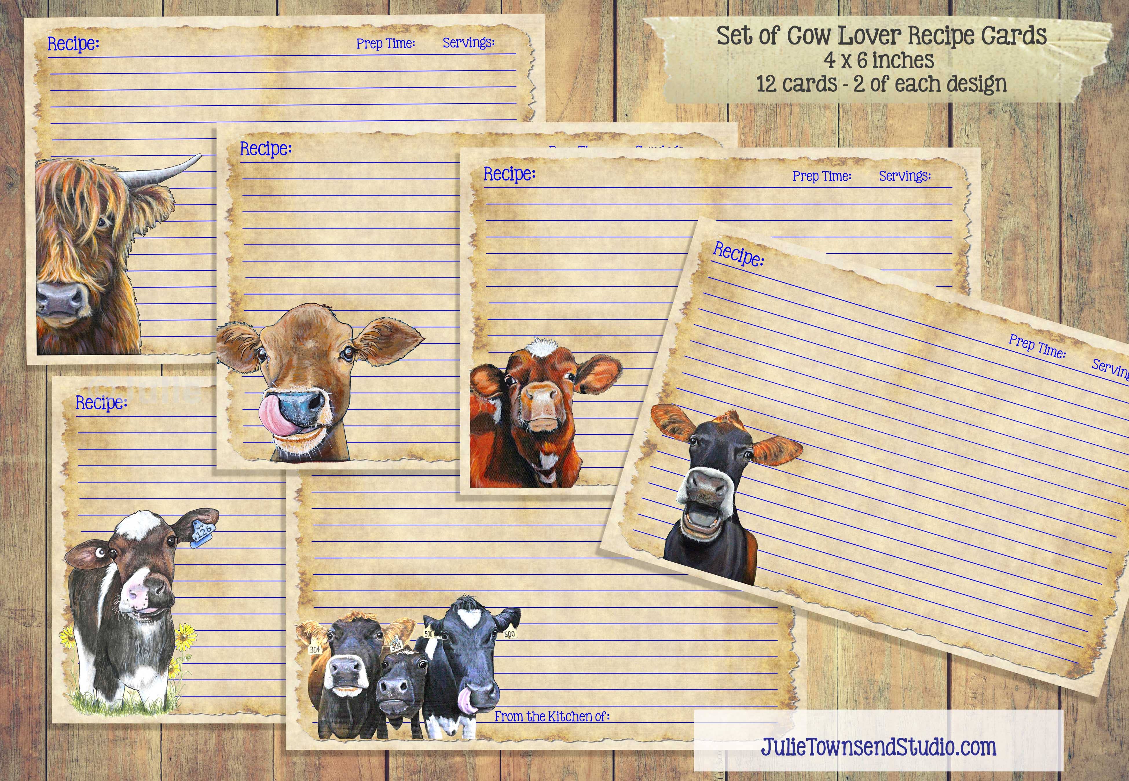 Julie Townsend Studio - Wholesale Recipe Card - Recipe Cards - Set of 12 Cute Cow Recipe Cards - COW LOVER 14