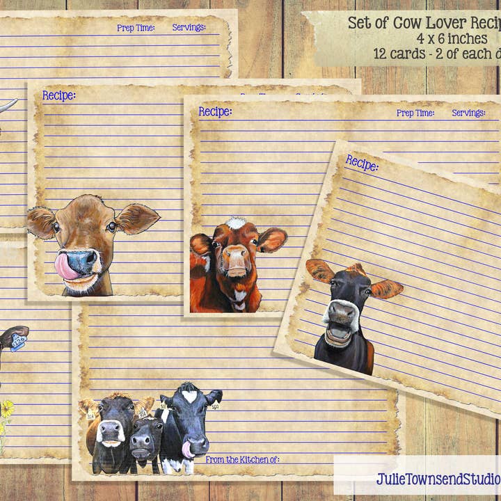 Julie Townsend Studio - Wholesale Recipe Card - Recipe Cards - Set of 12 Cute Cow Recipe Cards - COW LOVER 14