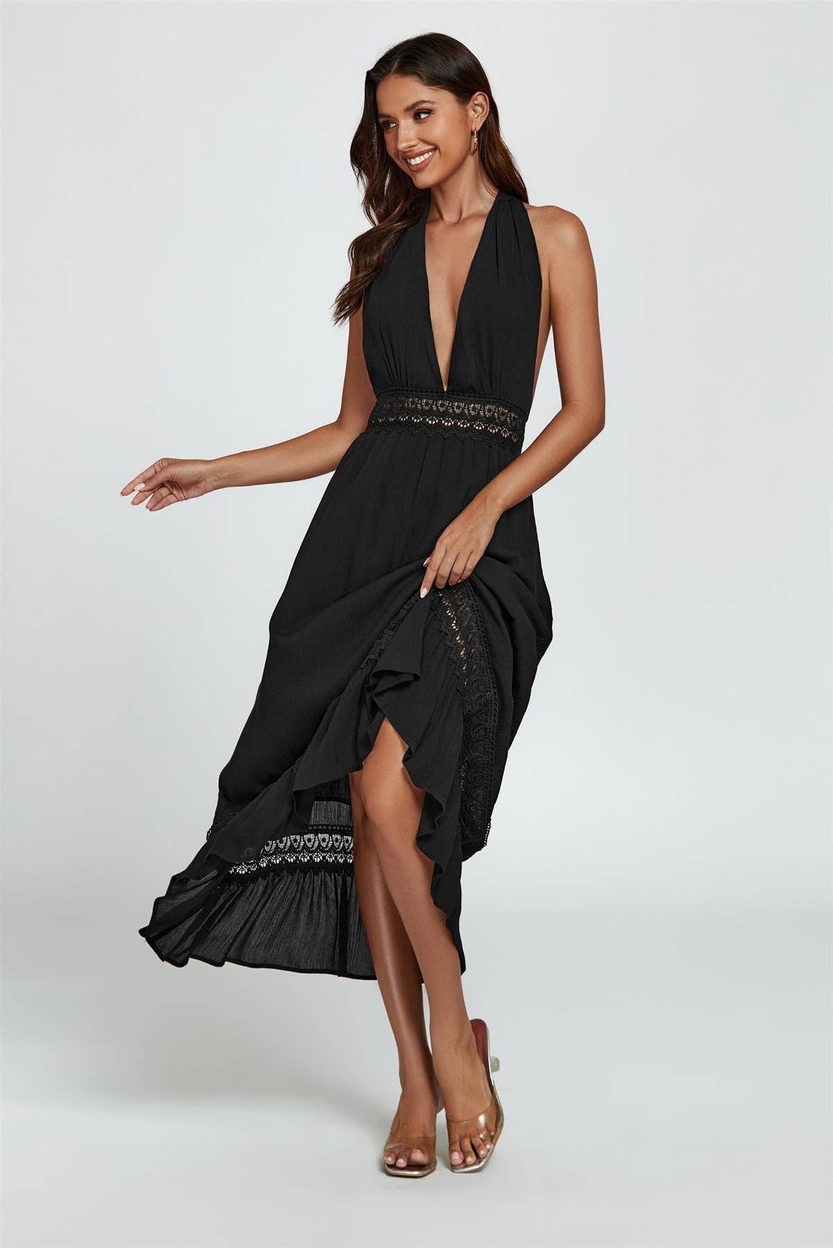 Lace Detail Adjustable Deep V Neckline Maxi Dress In Black for wholesale on Faire3