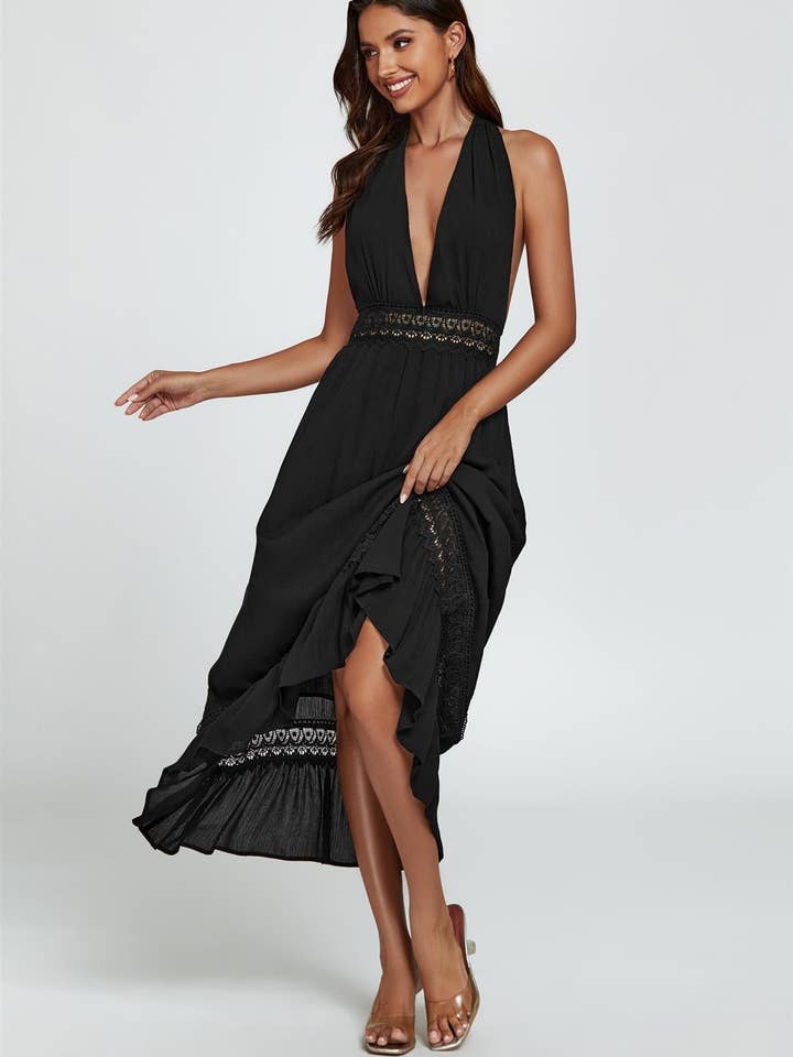 Lace Detail Adjustable Deep V Neckline Maxi Dress In Black for wholesale on Faire3