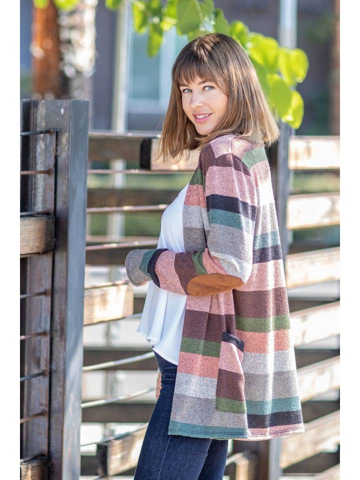 EG fashion - Wholesale Cardigan - Dames - Plus suède elleboogpatch open vest met zakken9