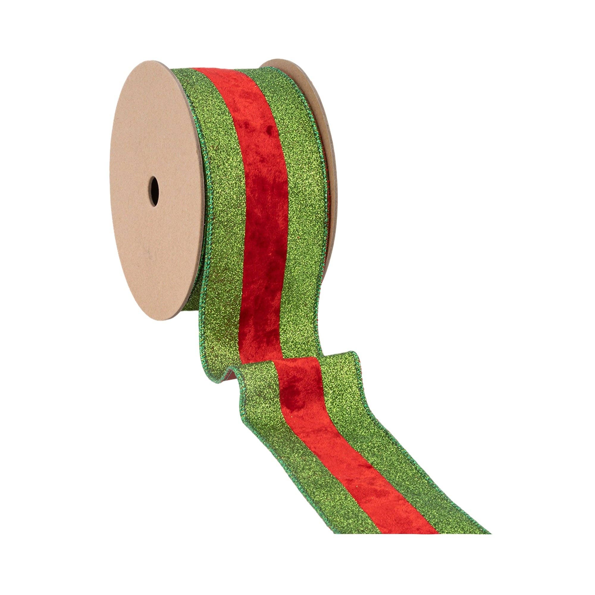 LA Ribbons Wholesale - Venta al por mayor Cintas - Envoltorio de regalos - Cinta con Alambre de 2 1/2" | Purpurina Verde con Raya de Terciopelo Rojo | Rollo de 10 Yardas2