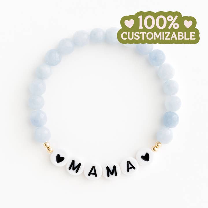 Bracelet extensible en perles d'aigue-marine Mama Blue (Personnalisé) pour la vente par Names For Good