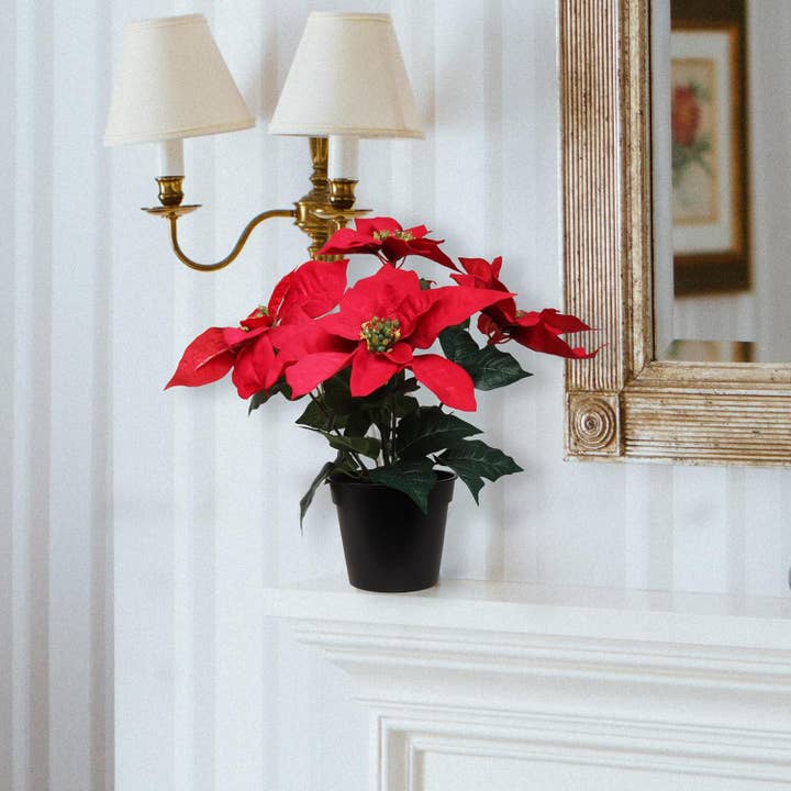 Larksilk - Wholesale Artificial Flowers - 13" Red Christmas Poinsettia Bush In Black Pot, 5 Flowers2