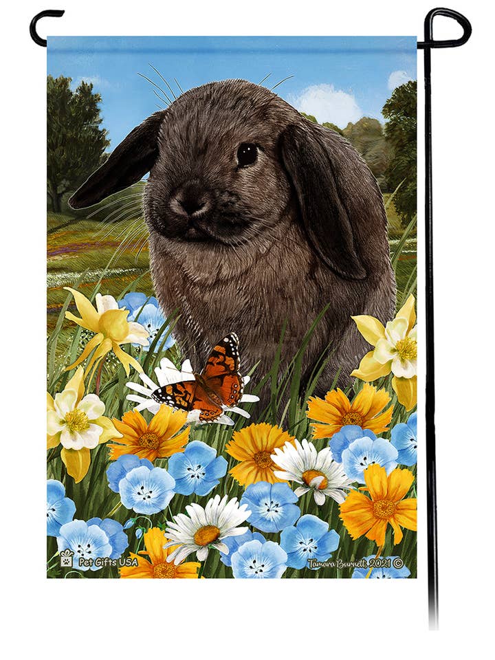 Rabbit Mini Lop Sable Summer Flowers Garden Flag for wholesale by Pet Gifts USA, LLC
