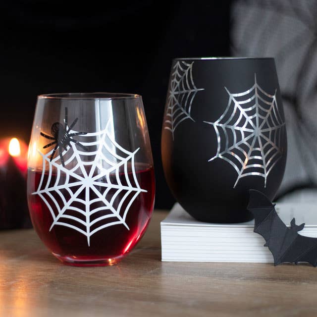Something Different Wholesale - Wholesale Wine Glass - Set of 2 Gothic Spider and Web Stemless Wine Glasses