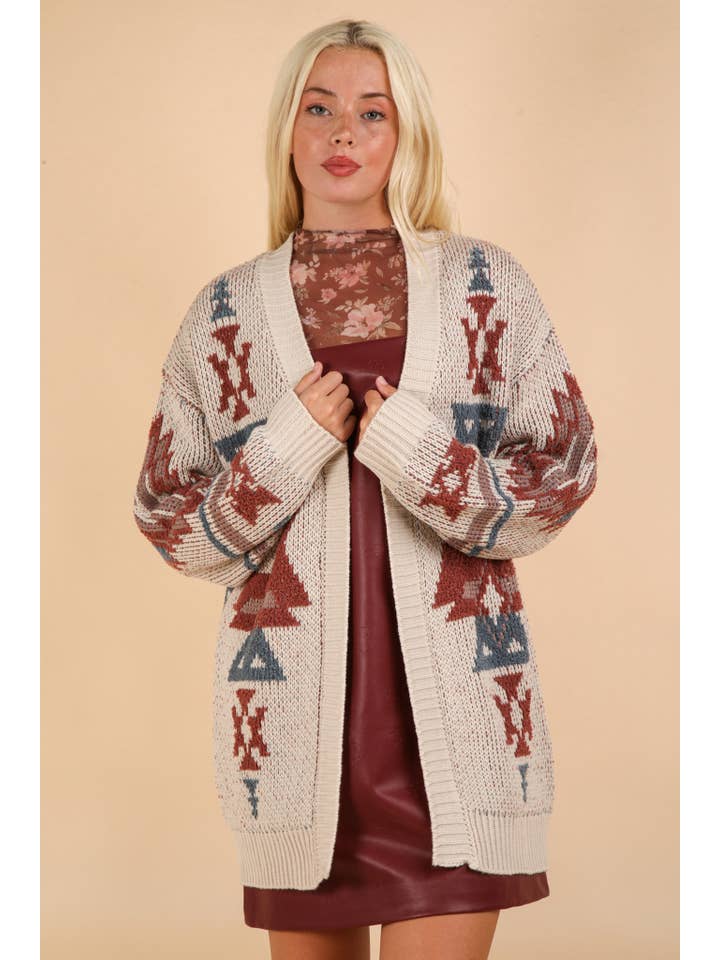 VERY J - Wholesale Cardigan - Women's - 12W3228N-Aztec Printed Oversized Knit Sweater Cardigan