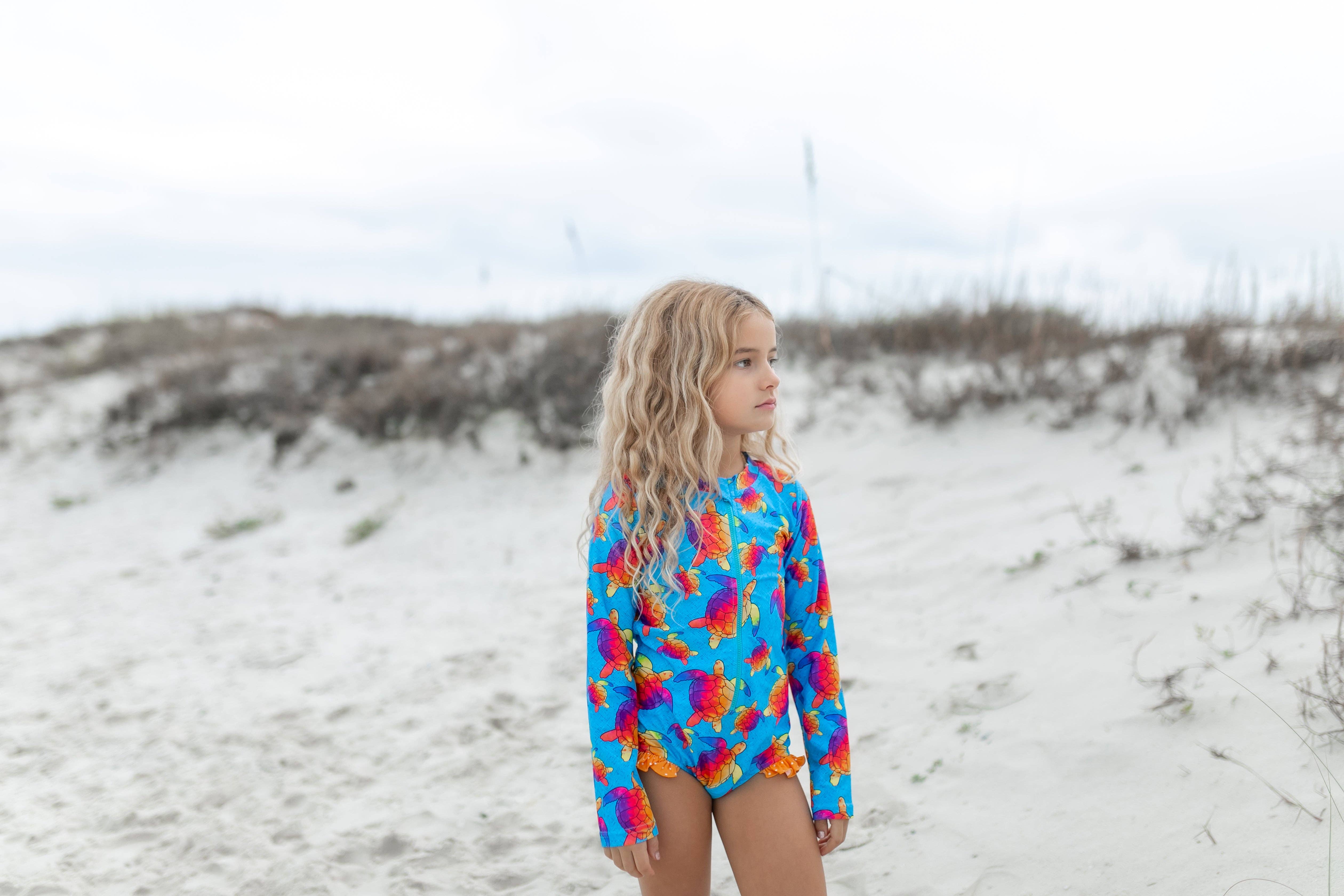 Oopsie Daisy - Wholesale One Piece Swimsuit - Kids - Kids Blue Rainbow Turtle Zip Rash Guard One Piece Swimsuit2