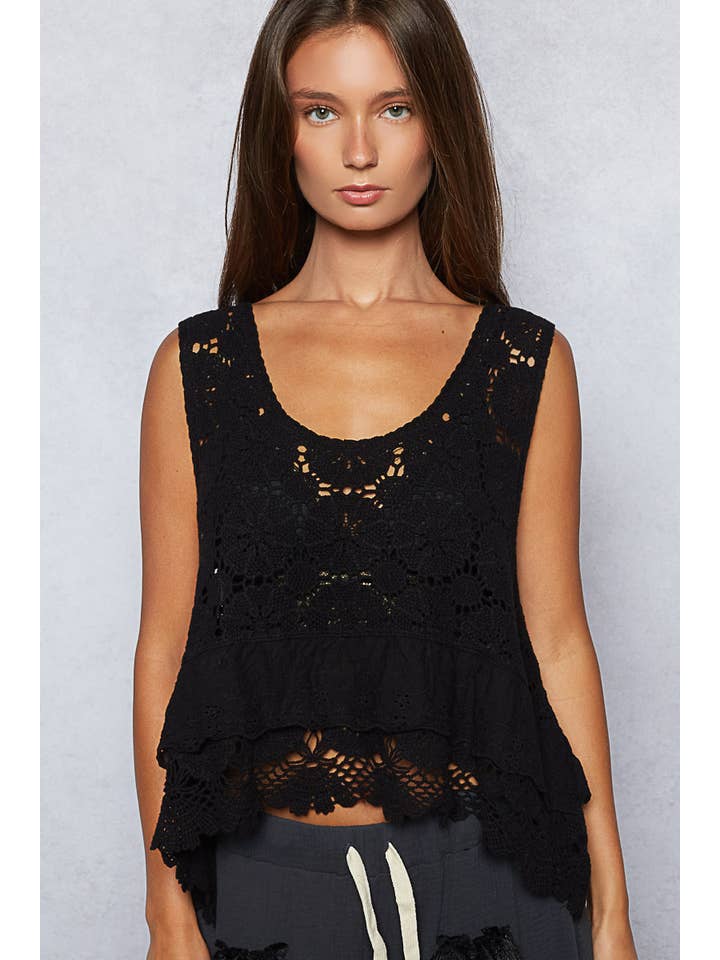 Pol Clothing - Wholesale Blouse - Women's - Round neck ruffle embroidered eyelet crochet top6