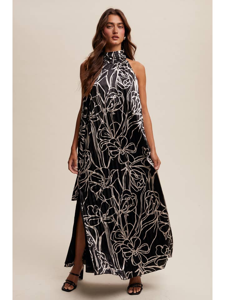 Listicle - Wholesale Dress - Women's - Pleated Floral Halter Satin Maxi Dress