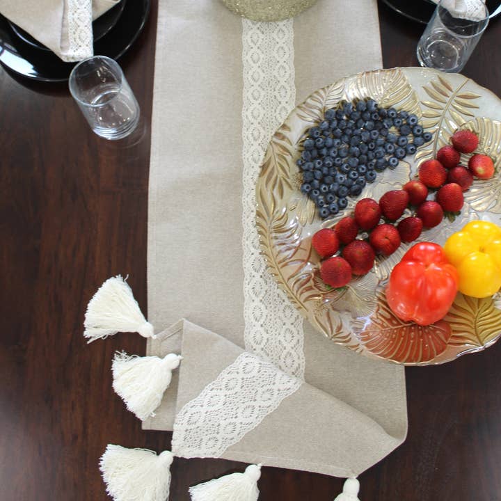 Gaia Cotton Lace Table Runner with Handfull of Tassels - S for wholesale by Kozify Decor Inc