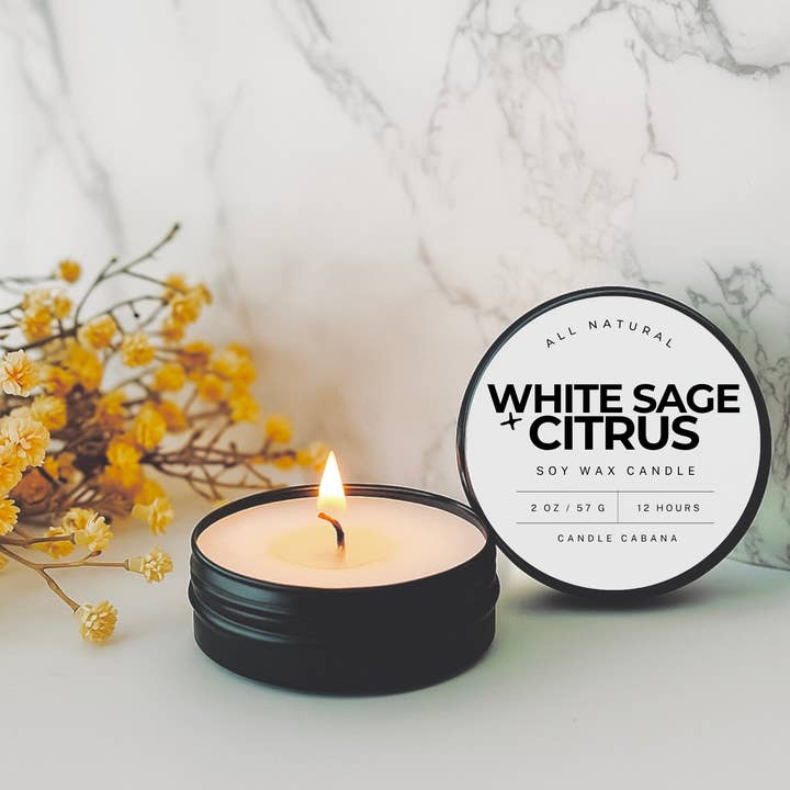 White Sage Citrus 2 oz Travel Tin Candle – 100% Natural Soy for wholesale by Candle Cabana