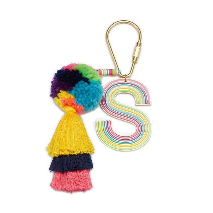 Enamel "S" with Rubber Disk with Large Pom & Tassel Keychain for wholesale by Jane Marie