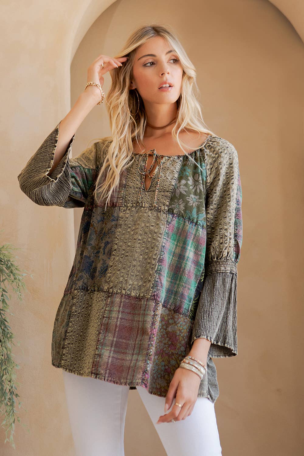 Young Threads - Wholesale Tunic - Women's - Peasant Top with Print Checks Patchwork (New Color)6