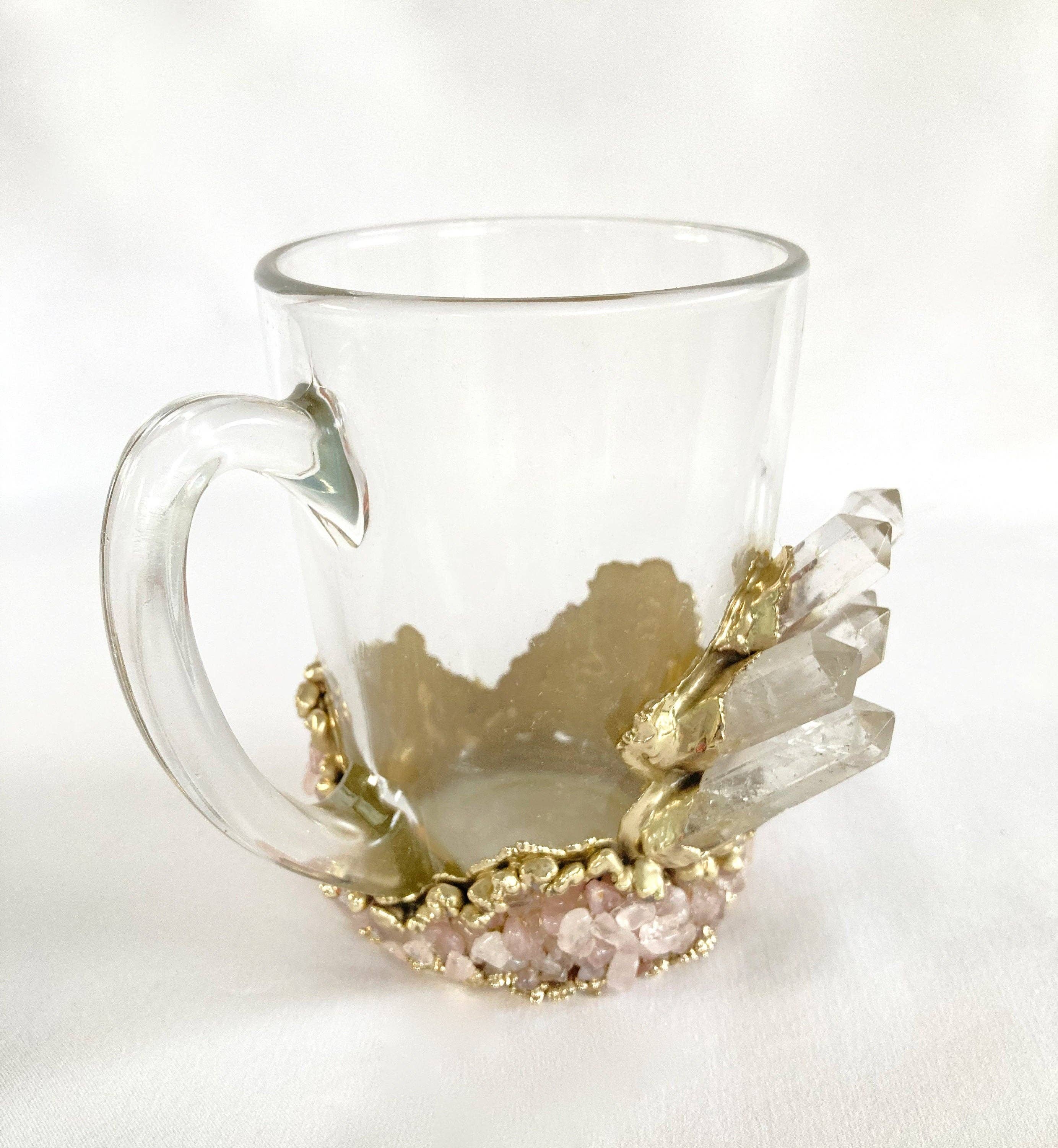 The Tangerine Store - Wholesale Coffee Mug - Set of 2 |Crystal Glass Coffee/Tea/Juice Mugs with Gold Plated Clear Crystal and Rose Quartz Agate Semi-precious Crystals | 11 oz/320 ml1
