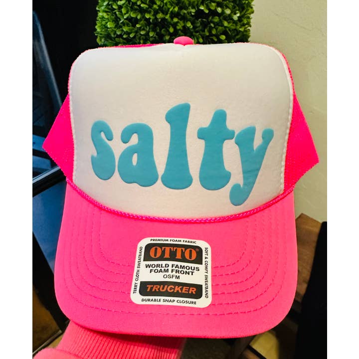 SALTY Turquoise Blue Puff Vinyl on Neon Pink & White Trucker Hat for wholesale by Southern Attitude Designs Inc
