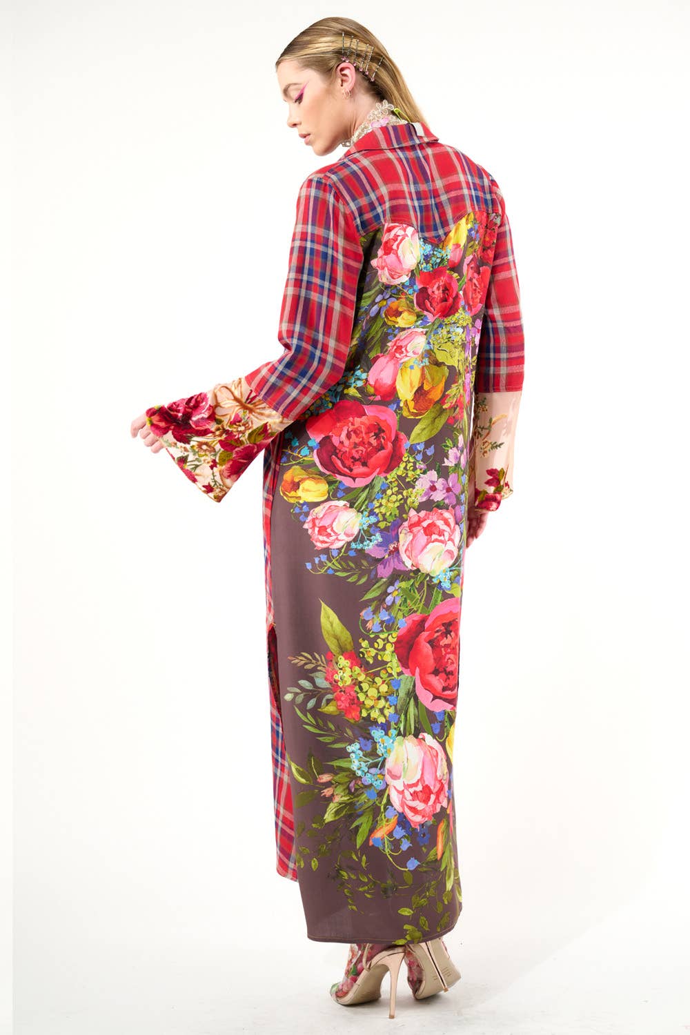 Rode geruite combinatie Anna knoopsluiting Maxi Overhemdjurk / Duster voor groothandel op Faire18