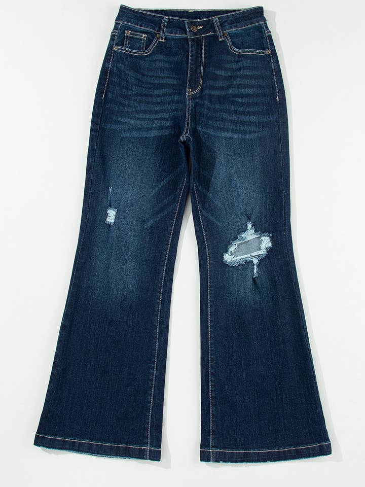 Real Teal Khloe High Rise Ripped Bell Bottom Jeans for wholesale on Faire