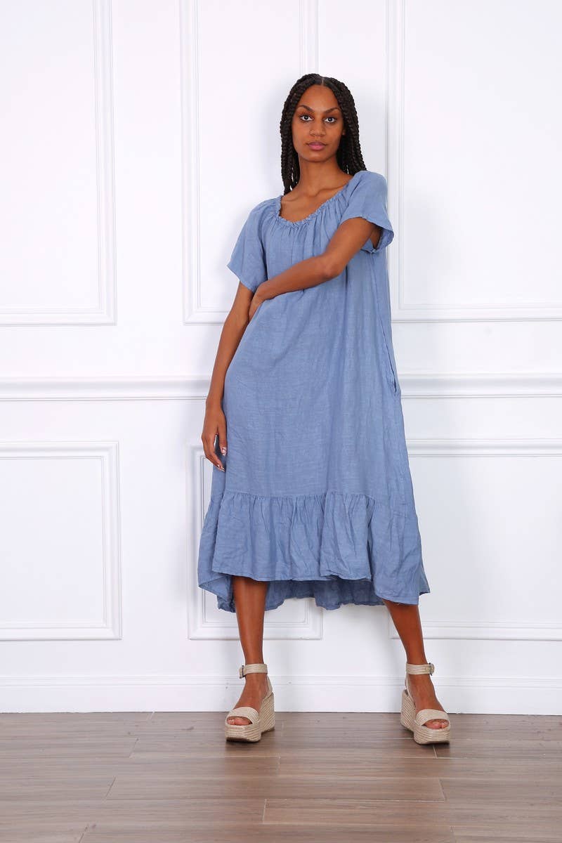 Happy look - Wholesale Dress - Women's - Long Linen Dress with Short Sleeves and Elastic Collar2