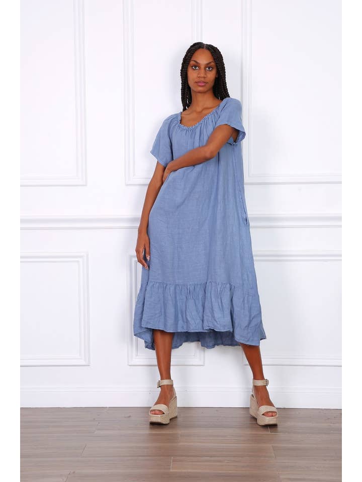 Happy look - Wholesale Dress - Women's - Long Linen Dress with Short Sleeves and Elastic Collar2