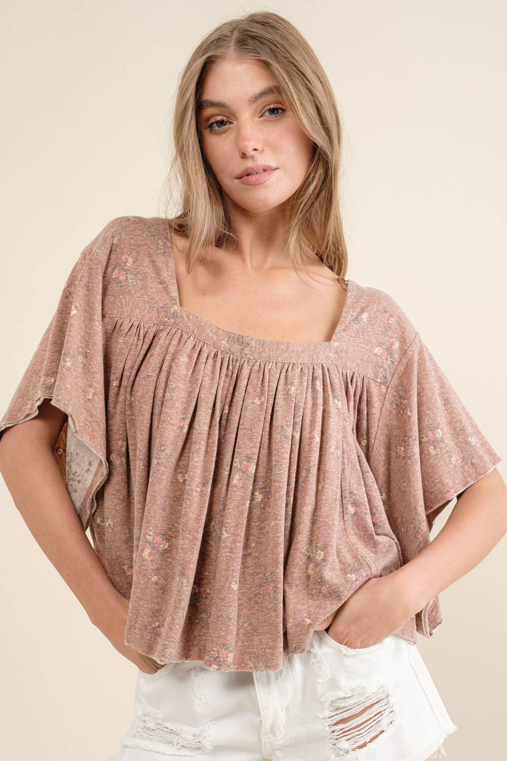 LIGHT OLIVE 22105T - Garment Washed Shirred Crop Jersey Knit Top for wholesale on Faire9