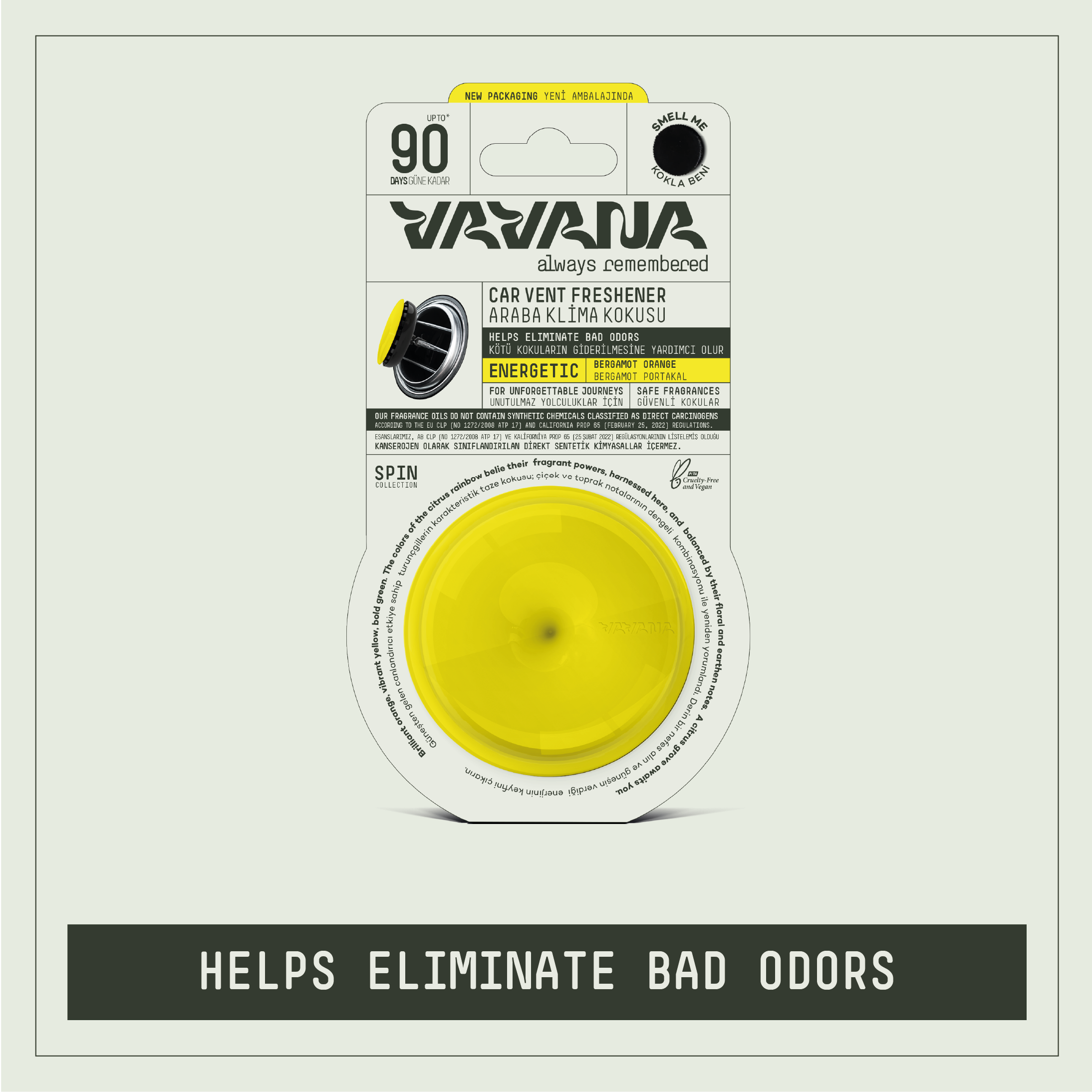 YELLOW CAR FRESHENER - 90 Day, SAFE, Made with CA Prop 65 Free Oils for wholesale on Faire3