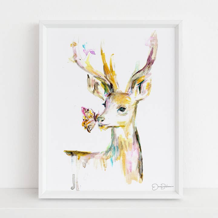 „Stay Golden Deer“ Hjorte Akvarel Print for engroshandel hos Jess Buhman Art