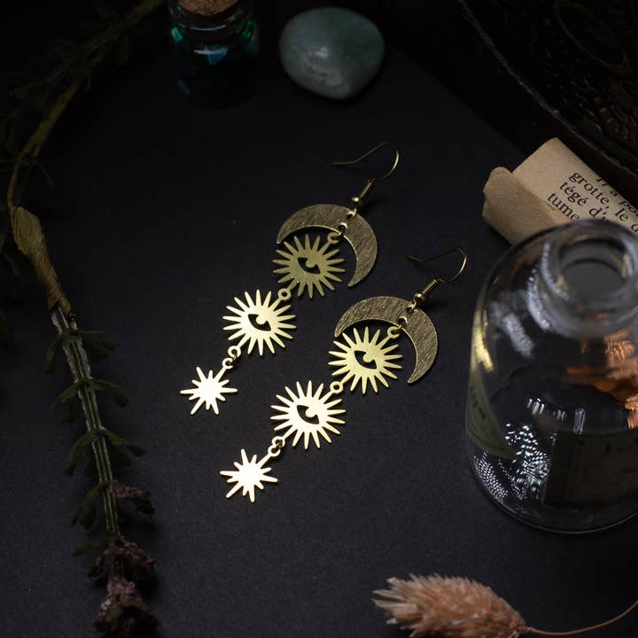eye, moon, and sun brass earrings for wholesale by noemie zomby