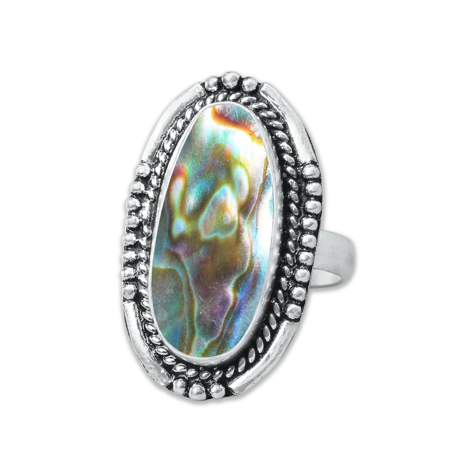 Handmade Jewels - Wholesale Cocktail/Statement Ring - Abalone Shell Rings – Handmade, Silver-Plated, Assorted Boho Designs (US Sizes 6–10)12