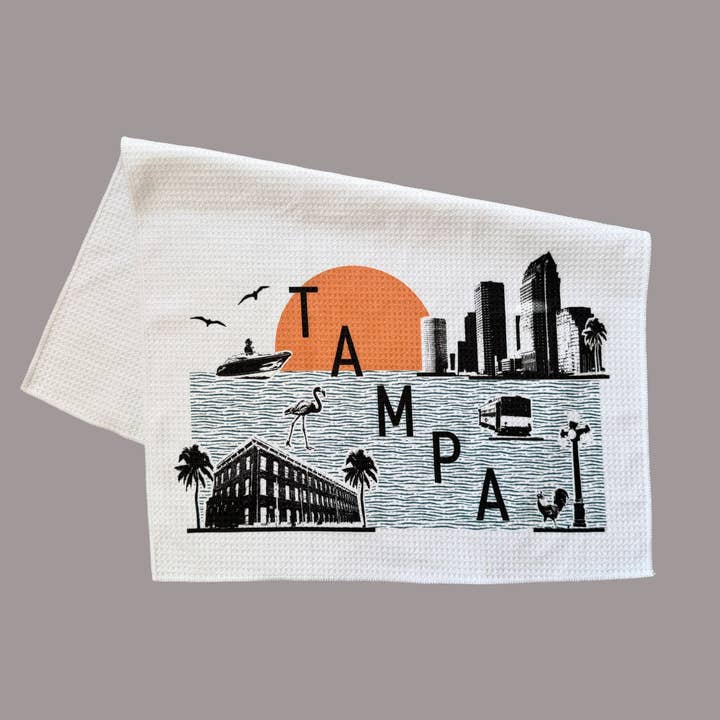 Tampa Florida Skyline and Icons Collage Microfiber Kitchen and Hand Towel for wholesale by MooMo Studio