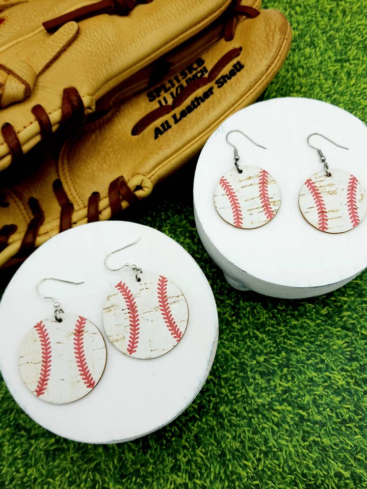 Baseball Cork Round Earrings for wholesale by FL Girl Designs